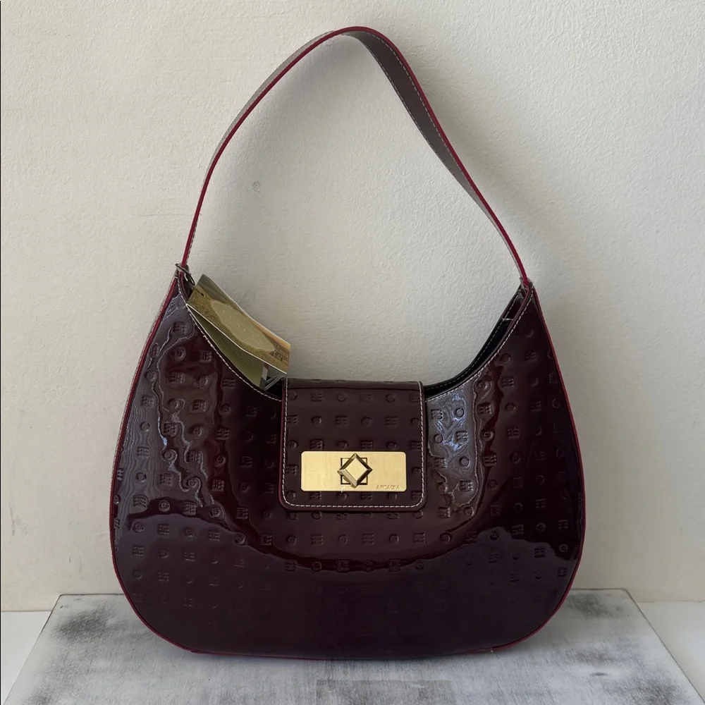 ARCADIA  PATENT LEATHER SHOULDER HOBO HANDBAG RED MADE in ITALY